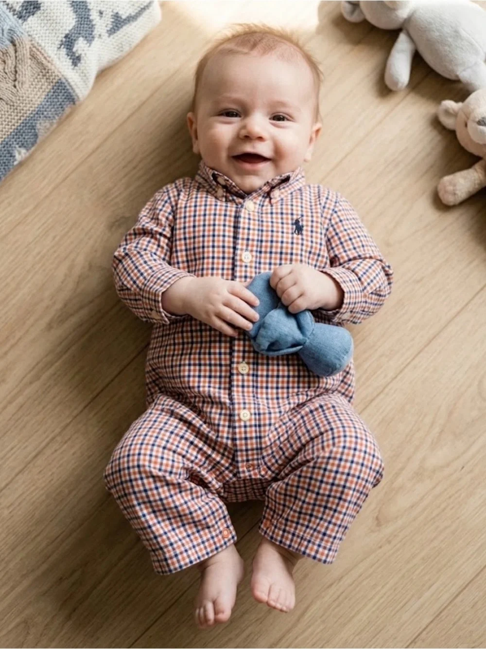 Ralph Lauren Orange & Navy Plaid Button Down Shirt One Piece 3 months